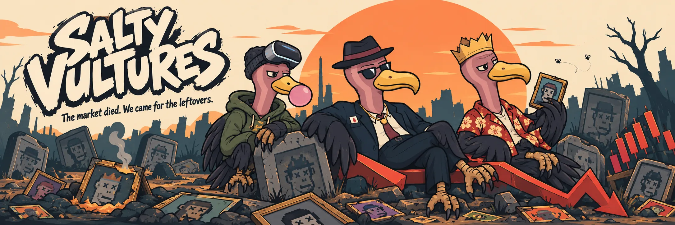 Three vultures in suits, hoodies and crowns lounging on NFT tombstones at sunset, a crashing red chart behind them. Text: The market died. We came for the leftovers.